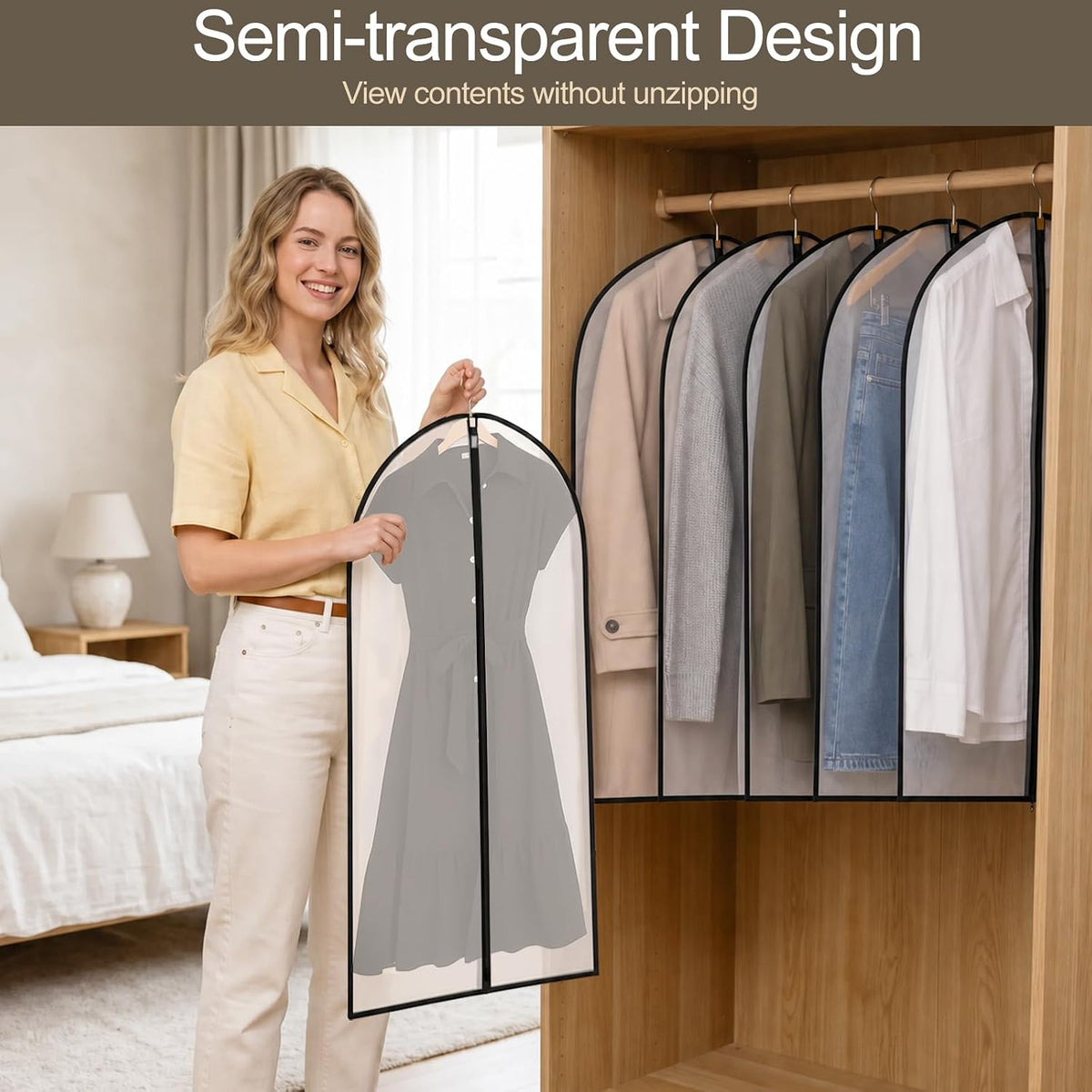 Pwsap 6Pcs Clear Garment Bags for Hanging Clothes, Breathable Clothes Covers with Zip, Moth Proof Hanging Garment Covers Bags for Travel & Wardrobe Storage for Dresses, Shirts, Coats (40 inch)