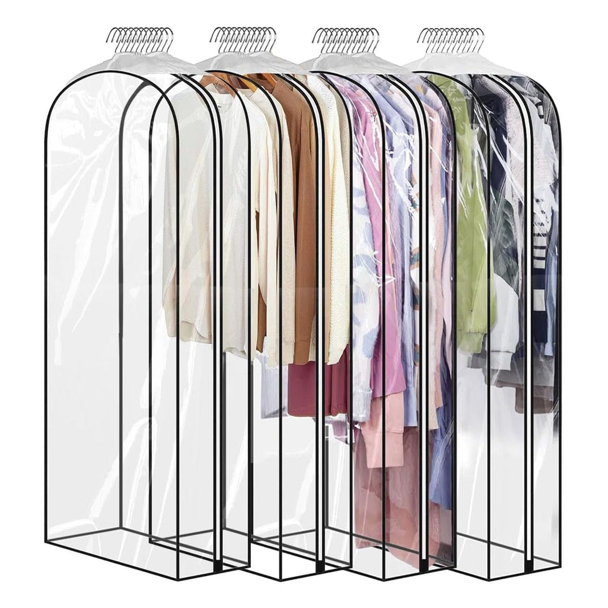60" Clear Clothes Hangers with Smooth Side Zipper, 10" Gusseted Waterproof Garment Bags for Shirts, Coats, Dresses, Suits, 4 Pack