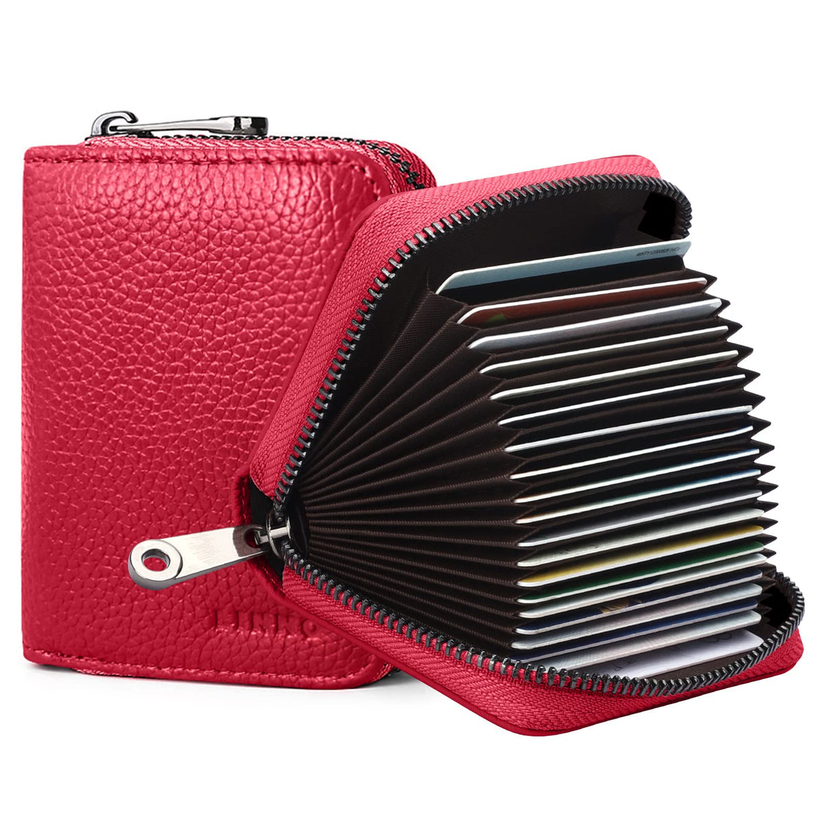 Linno RFID 20 Slots Credit Card Holder Genuine Leather Small Wallet for Women or Men with Zipper