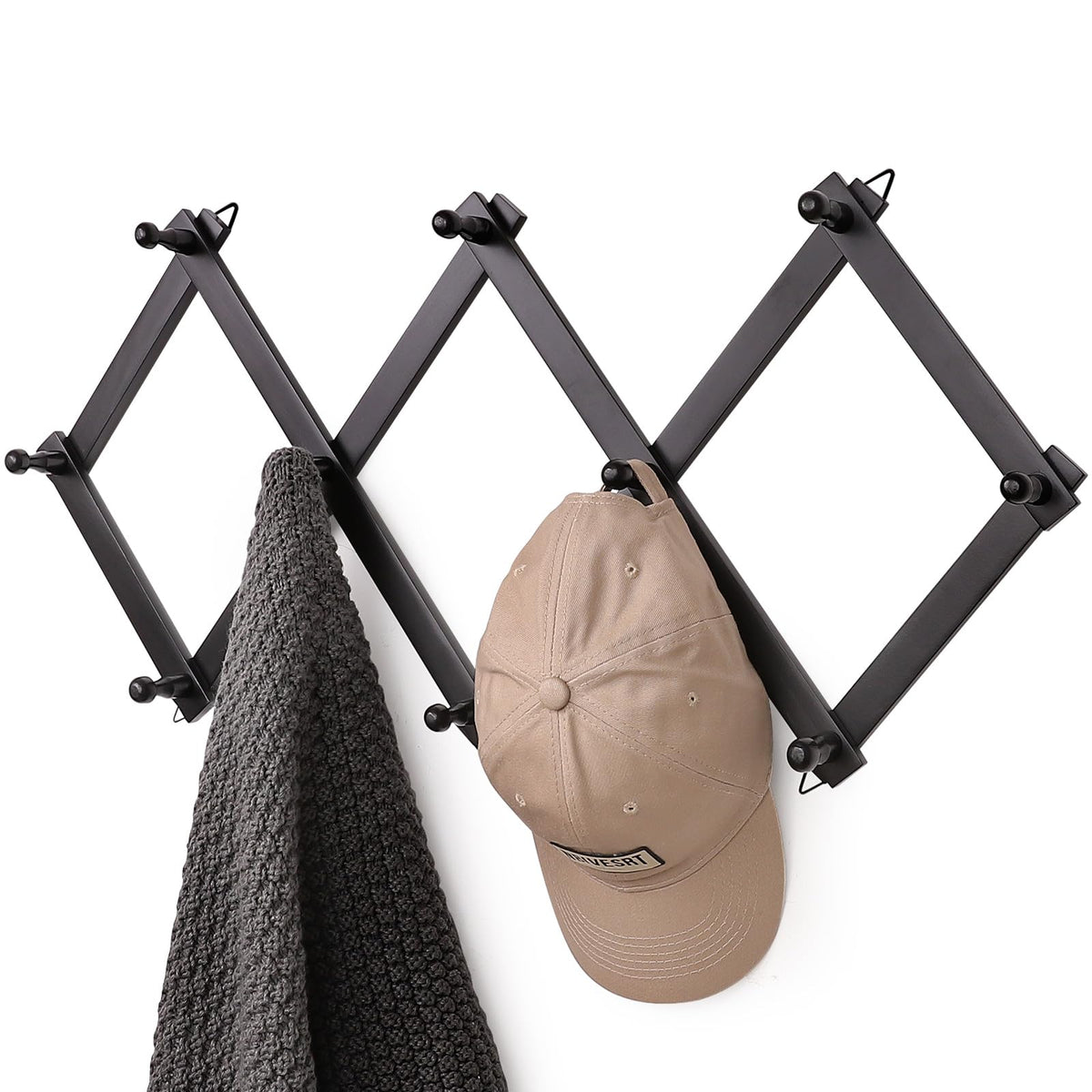 SCUNDA Hat Rack for Wall, Expandable Wall Hat Holder with 16 Hooks, 16 inch Wooden Wall Hook for Baseball Caps,Cowboy, Bag,Hoodie(Brown)