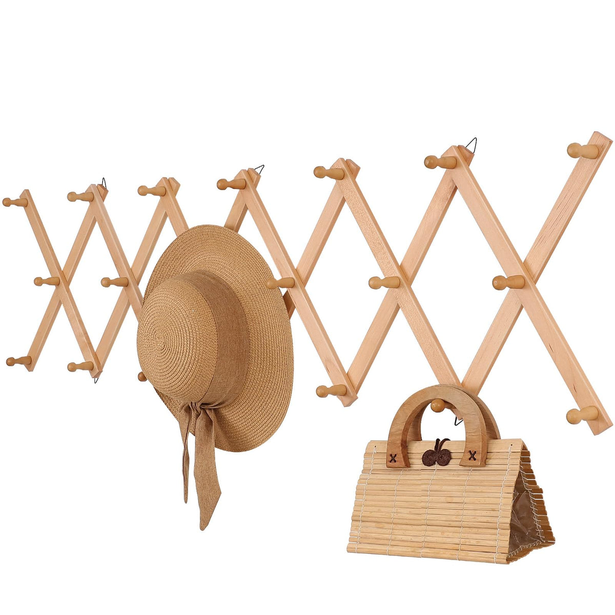 SCUNDA Hat Rack for Wall, Expandable Wall Hat Holder with 16 Hooks, 16 inch Wooden Wall Hook for Baseball Caps,Cowboy, Bag,Hoodie(Brown)