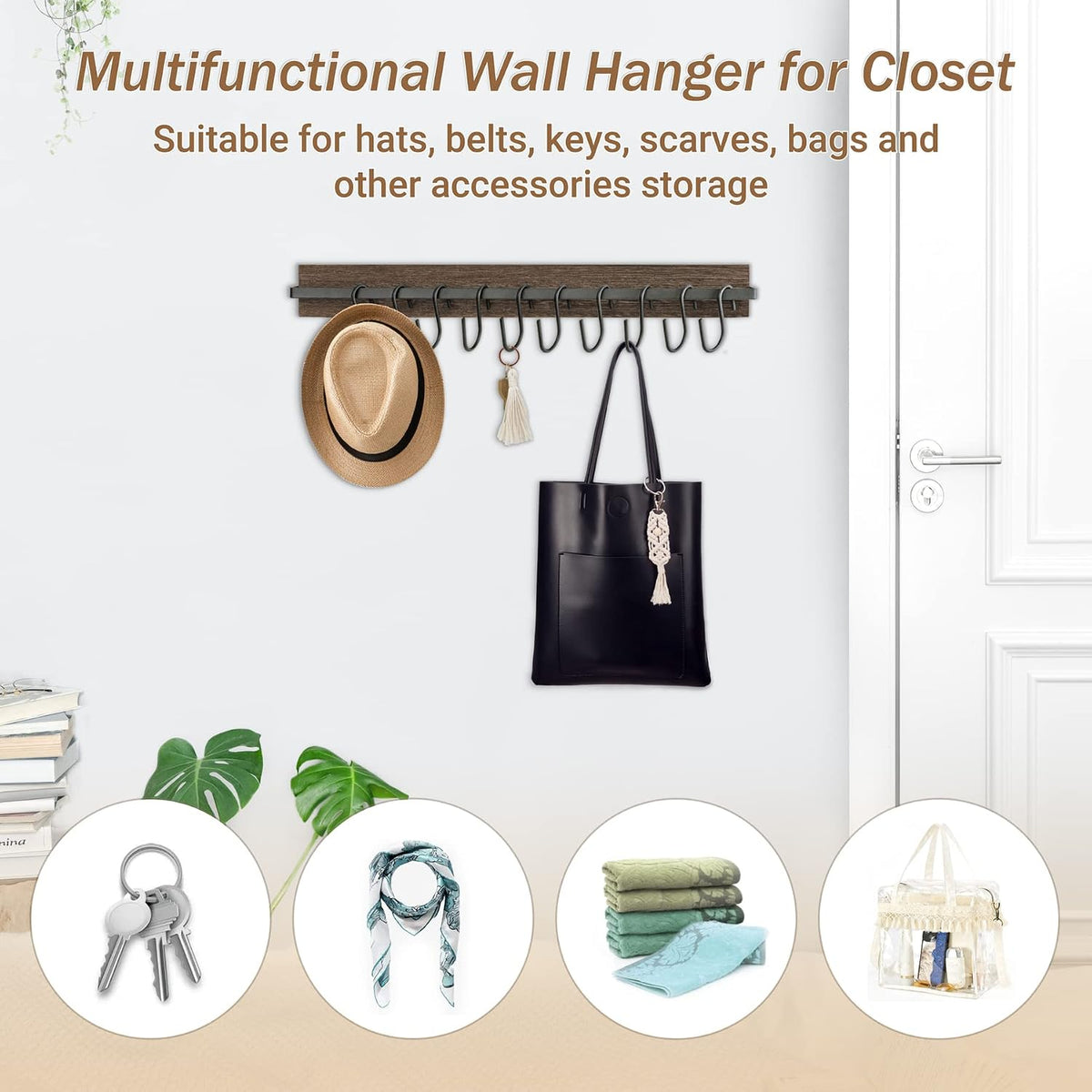 Mkono Hat Rack for Wall Wooden Baseball Caps Organizer with 20 Hooks Rustic Cowboy Hanger Mounted Hats Display Closet Bedroom Entryway, Set of 2, Brown