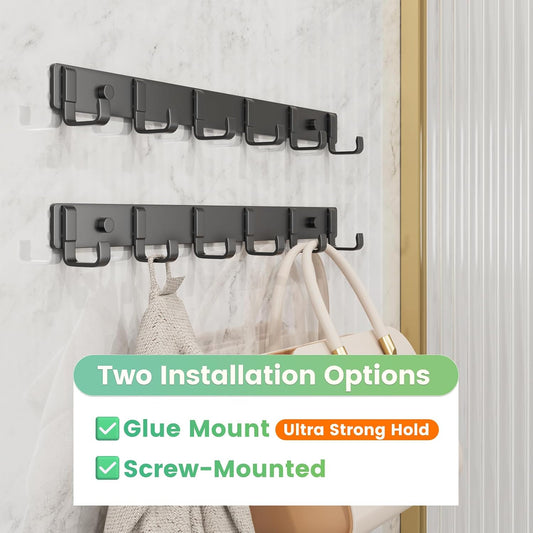 16" Heavy Duty Wall Mount Coat Rack with 6 Hooks, 2-Pack (Black)