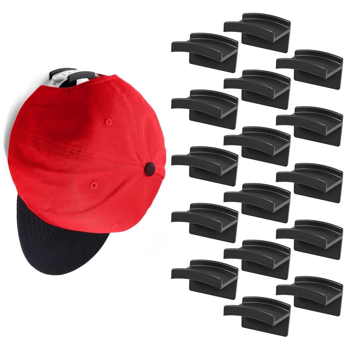 Modern JP Adhesive Hat Hooks for Wall (16-Pack) - Minimalist Hat Rack Design, No Drilling, Strong Hold Hat Hangers - USA Patented, Clear