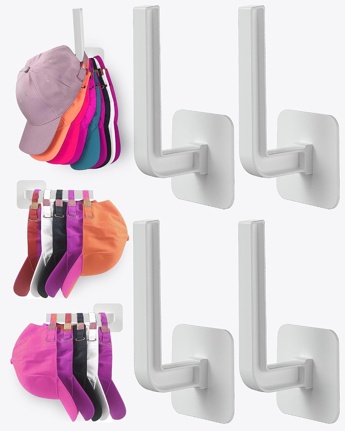 Hat Rack for Hat Storage (4-Pack), Multi-Purpose Hat Organizer, Strong Adhesive Hat Hooks for Wall Organizer for Baseball Caps, Two Mounting Options Hook, White