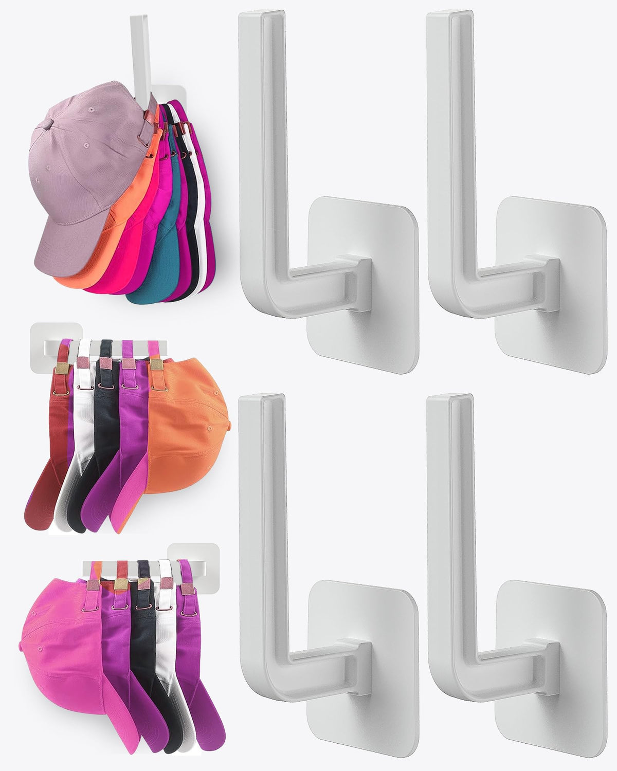 Hat Rack for Hat Storage (4-Pack), Multi-Purpose Hat Organizer, Strong Adhesive Hat Hooks for Wall Organizer for Baseball Caps, Two Mounting Options Hook, Black