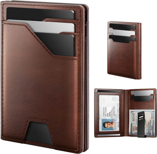 typecase Leather Wallet for Men Card Holder: Premium Genuine Leather, RFID Blocking, Slim, Minimalist, Front Pocket - 15 Cards Capacity | ID Window | Money Clip (Brown)