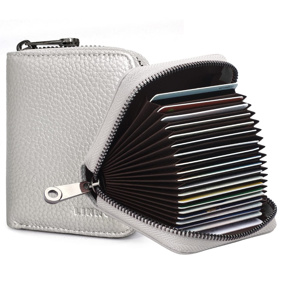 Linno RFID 20 Slots Credit Card Holder Genuine Leather Small Wallet for Women or Men with Zipper