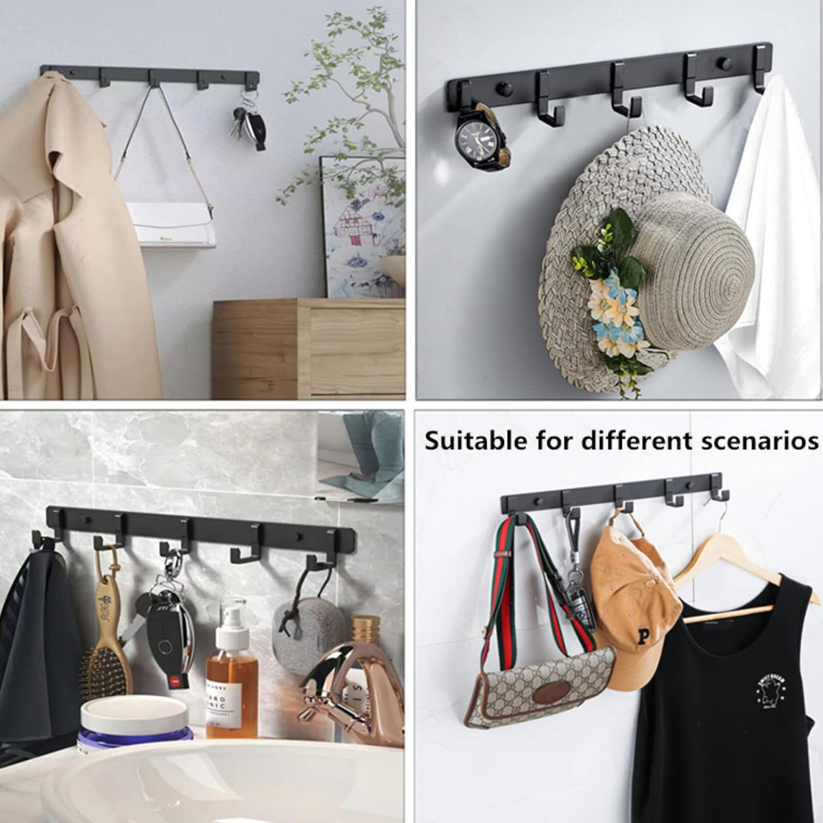 2 Pack Hat & Coat Rack - Wall Mounted Aluminum Alloy Hook Rack (5 Hooks Black)