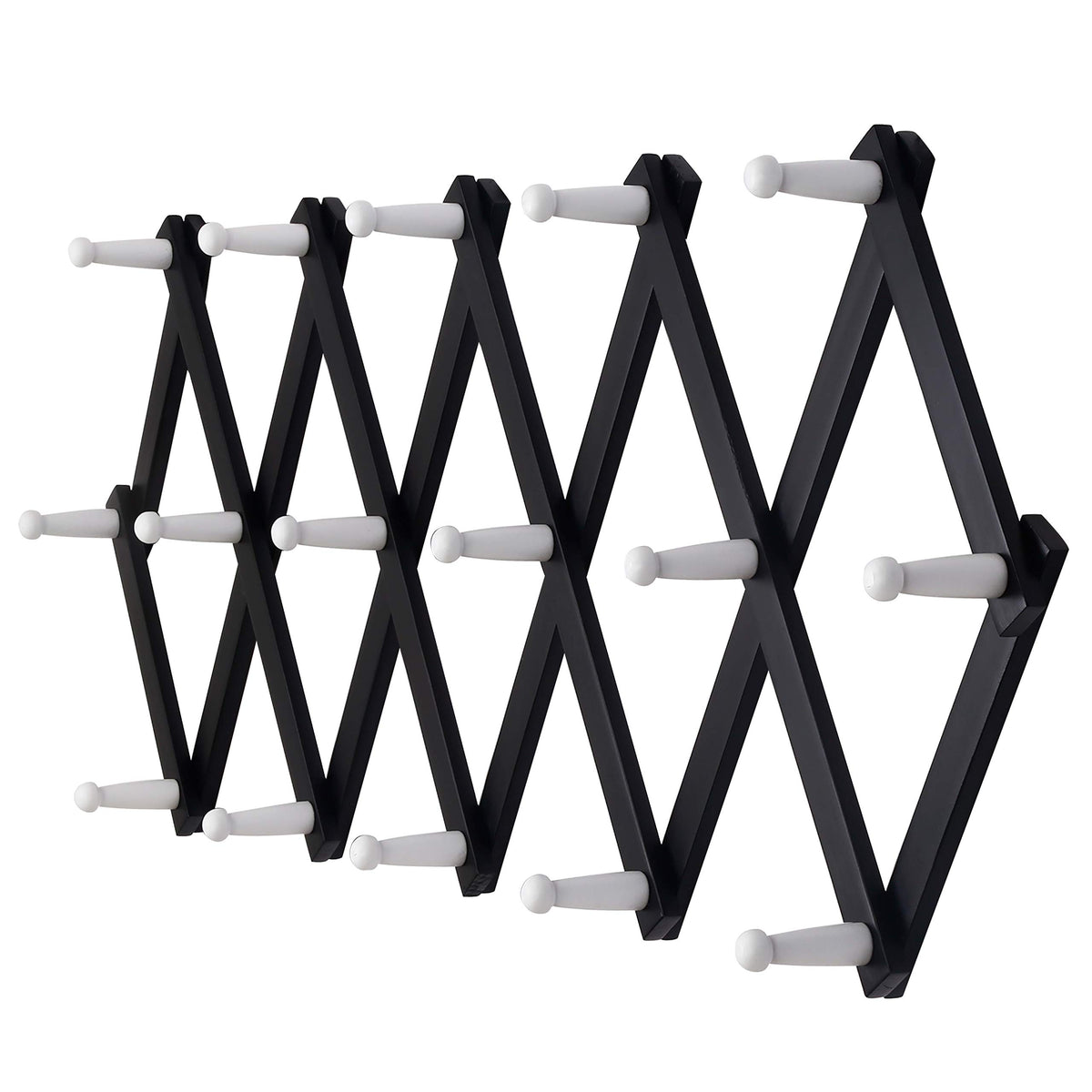 Dseap Accordian Wall Hanger: 16” High Wooden Wall Expandable Coat Rack, Hat Rack Holder, Accordion Hook for Baseball Caps, Coats, Mugs, 13 Peg Hooks, White