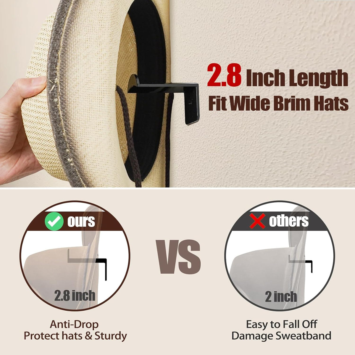 Aoodaily 2.8 Inch Hat Hooks for Wall - (8 Pack) Cowboy Hat Rack, Strong Adhesive Cap Holder, Organizer for Baseball Caps, Western Room Decor - Black