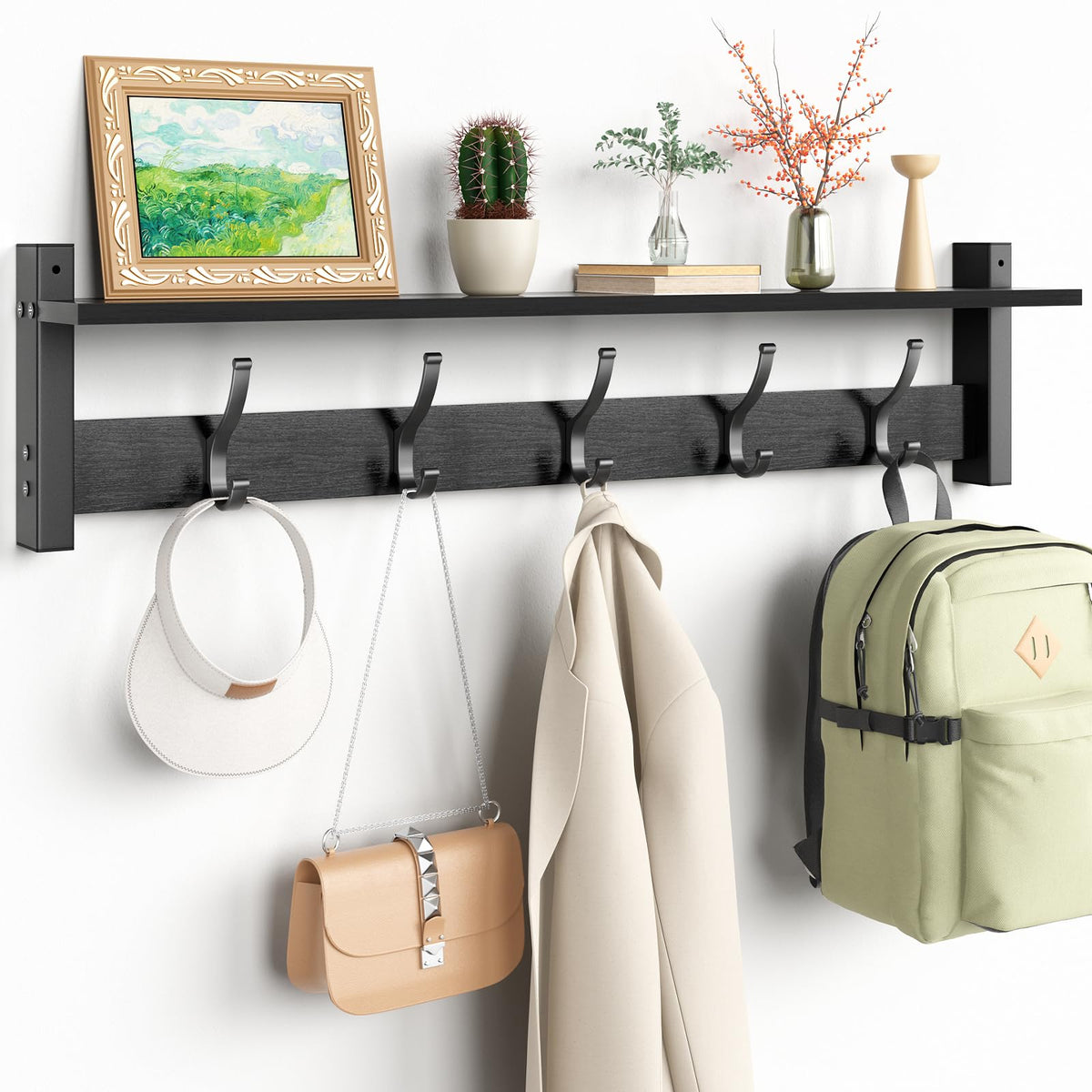 Optish Coat Rack Wall Mount with Shelf, 17.1 Inch Coat Hanger Walls Mounted, Hat Rack for Walls, Shelf with 5 Coat Hooks, Wall Hanger for Entryway (Black)