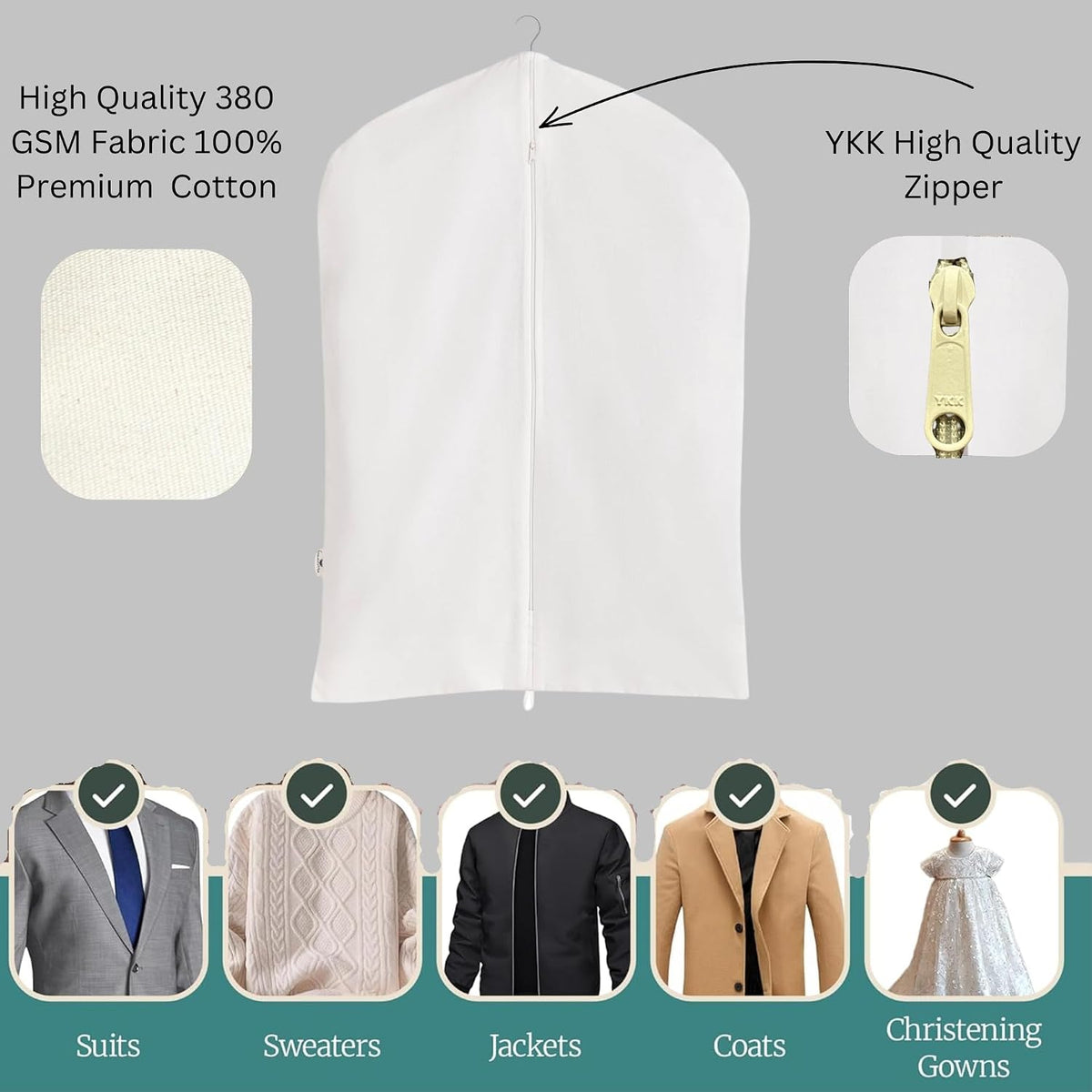 Premium 100% Cotton Garment Bags – 40" Off-White Canvas Suit Cover with YKK Zipper – Moth Protector, Breathable, Machine Washable, Cover for Coats, Dresses, Jackets & Travel