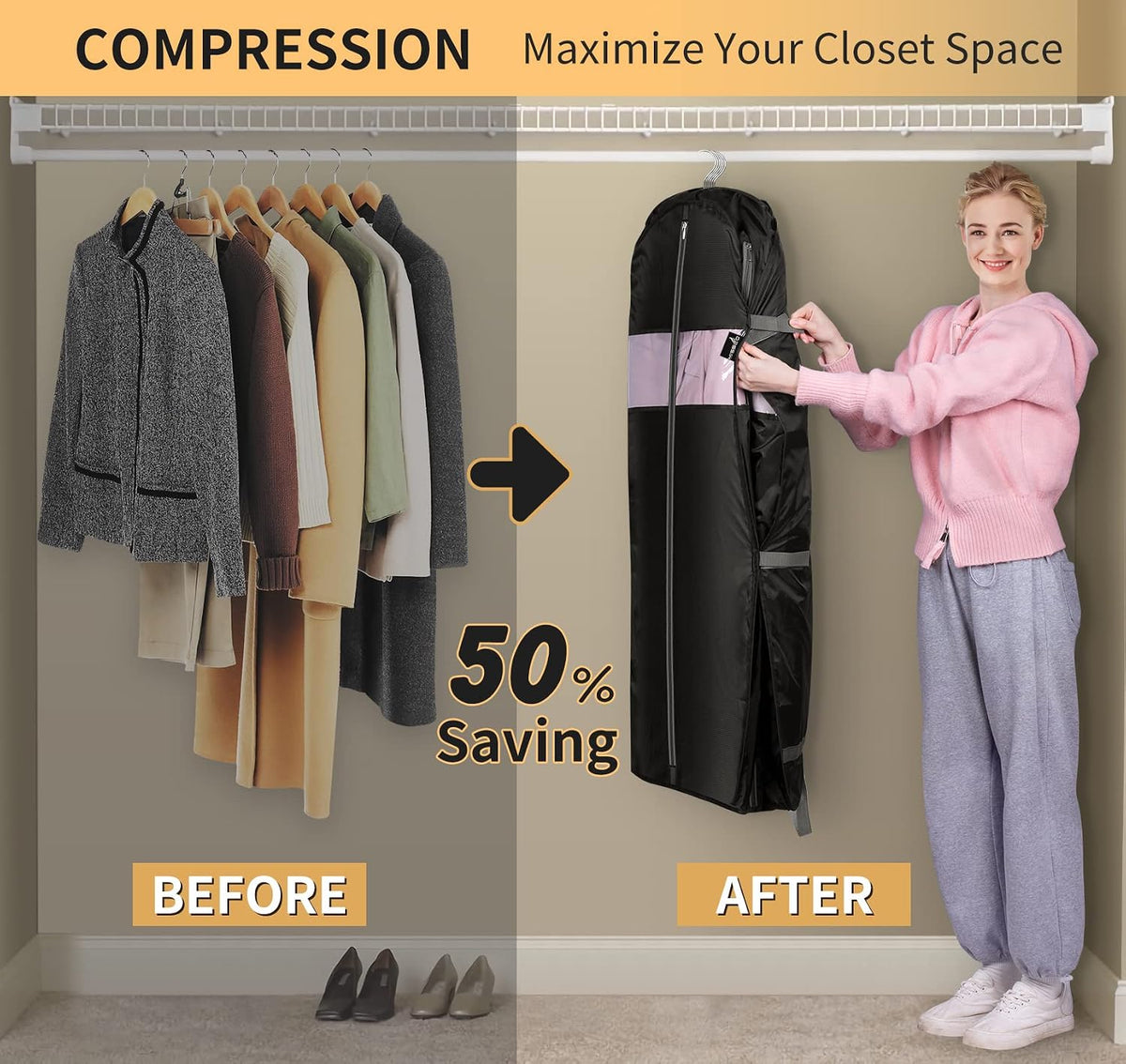 MISSLO 10" Gusseted Garment Bags for Hanging Clothes Compression 43" Suit Bags for Closet Storage Space Saver Clothes Bags for Travel Suit Cover Bags, 3 Packs