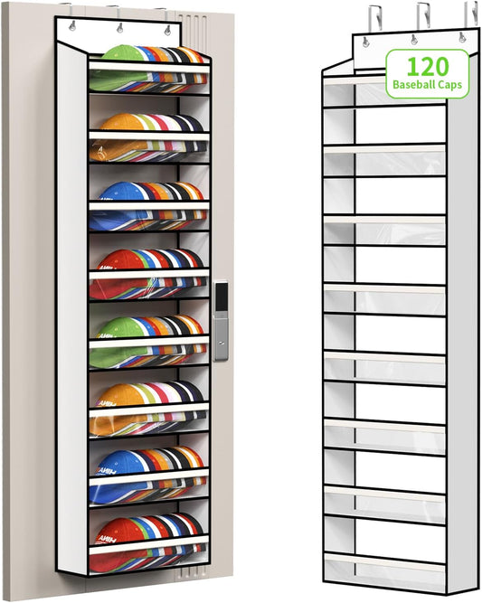 KEEPJOY 8-Tier Over the Door Hat Rack for Baseball Caps, Holds Up to 120 Caps Large Capacity Hanging Hat Storage Organizer with Clear Deep Pockets, Hat Holder for Nursery, Bedroom, Closet (White)