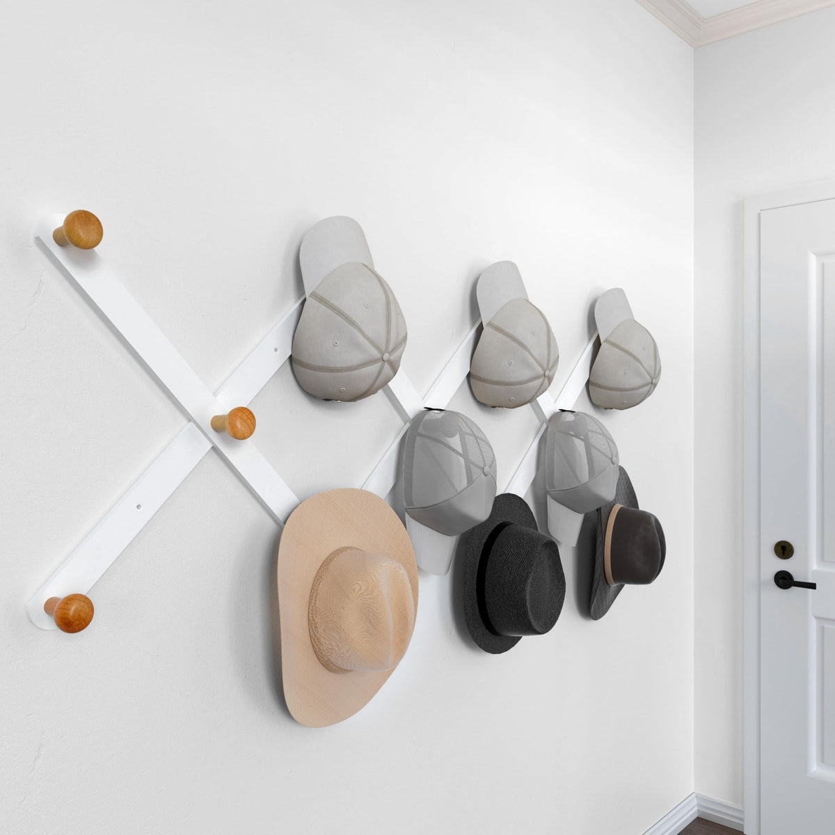 SKOLOO Hat Rack for Wall with 14 Hooks, Solid Wooden, Modern, Expandable Coat Rack Wall Mount for Coats, Hats, Bags, Baseball Caps, Natural Color