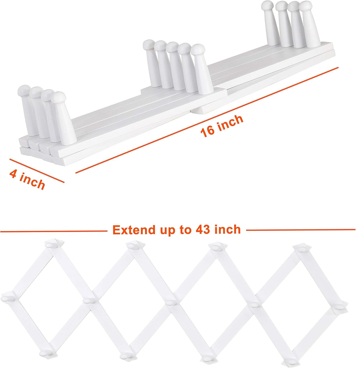 Dseap Accordian Wall Hanger: 16” High Wooden Wall Expandable Coat Rack, Hat Rack Holder, Accordion Hook for Baseball Caps, Coats, Mugs, 13 Peg Hooks, White