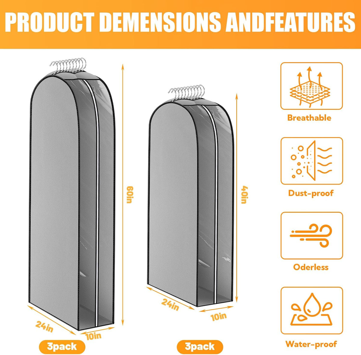10" Gusseted Garment Bags Thicken for Hanging Clothes, 6 Pack, 40"&60"