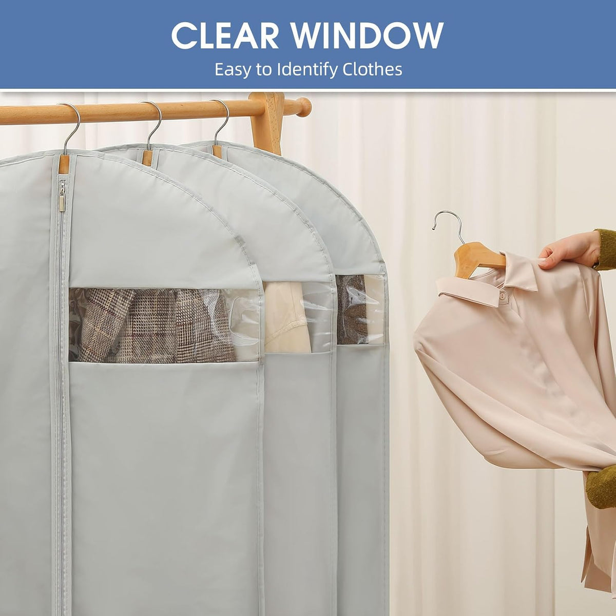 Dress Bags for Gowns, 65'' Long Garment Bags for Hanging Clothes, Dress Garment Bag, Grey Dress Cover with Clear Window for Dresses, Coats, Uniforms - 5 Pack