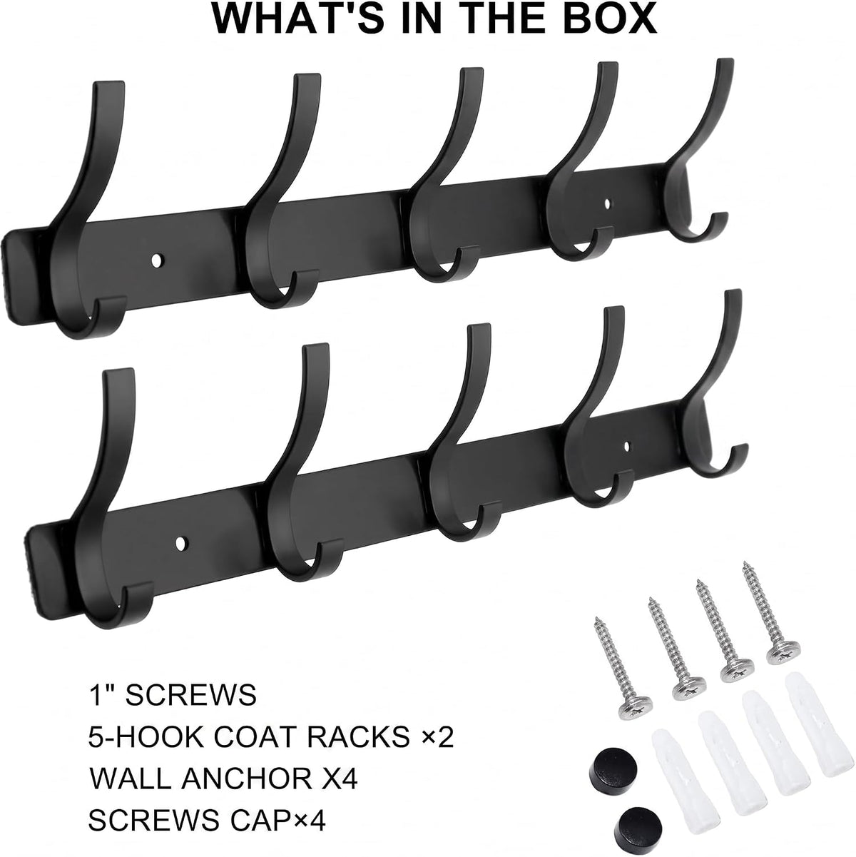 Coat Rack Wall Mounted,5 Coat Hooks for Hanging Coats,Heavy Duty Metal Double Hook Rack Hook Rail,Coat Rack with Hooks,Wall Mount Coat Hanger for Hat Towel Purse Robes (2 Pack Black, 5 Hooks)