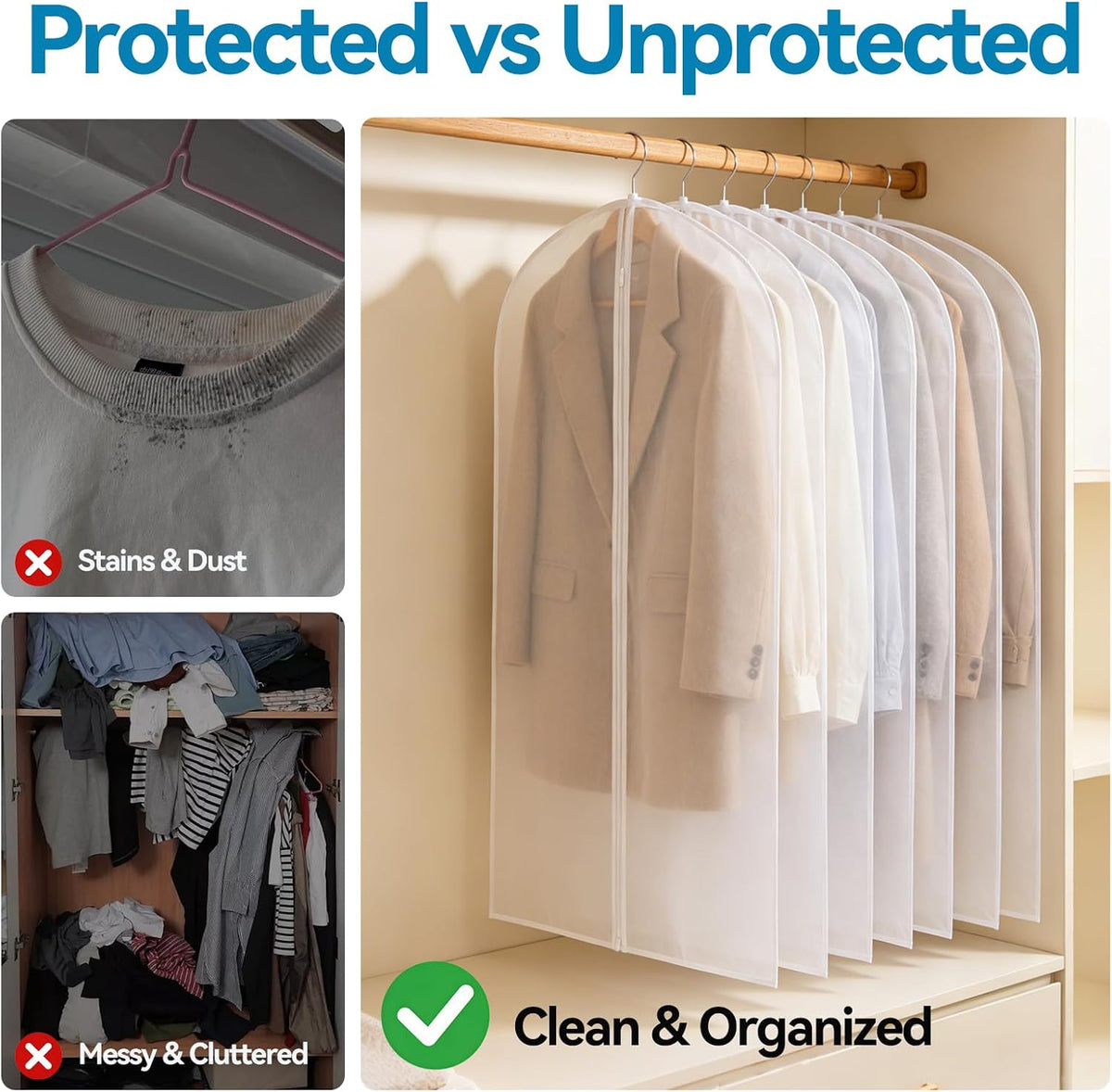 Garment Bags for Hanging Clothes PEVA 6 Pack Mixed Sizes Translucent