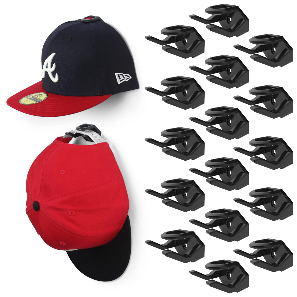 Modern JP Adhesive Hat Hooks for Wall (16-Pack) - Hat Rack for Baseball Caps, Minimalist Hat Display, Strong Hold Hat Hangers for Wall - USA Patented, Black