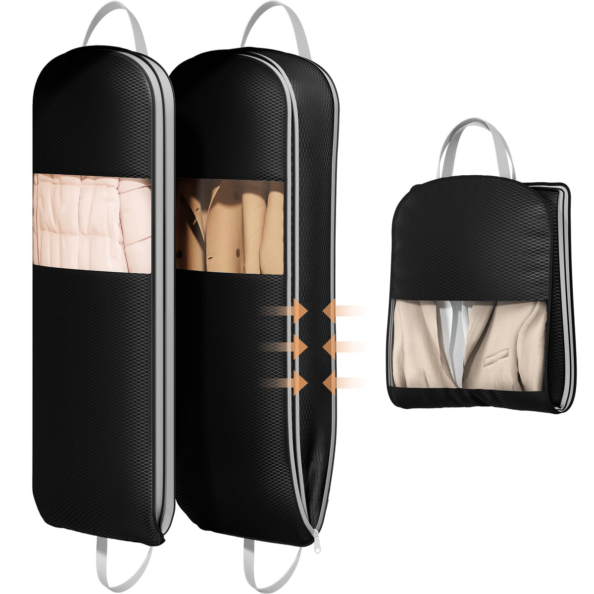 DIMJ 4 Pack 43" Compression Garment Bags for Hanging Clothes With Carry Handles and Window, Space Saving Washable Suit Bag for Dress, Clothes, Coats, Down Jacket, Closet Storage, Moving, Travel