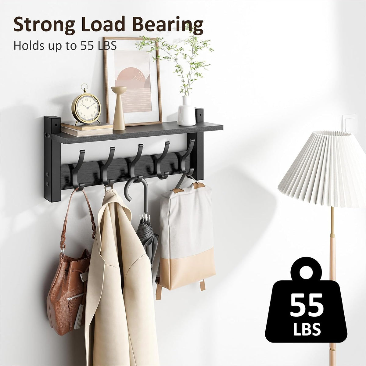 Optish Coat Rack Wall Mount with Shelf, 17.1 Inch Coat Hanger Walls Mounted, Hat Rack for Walls, Shelf with 5 Coat Hooks, Wall Hanger for Entryway (Black)