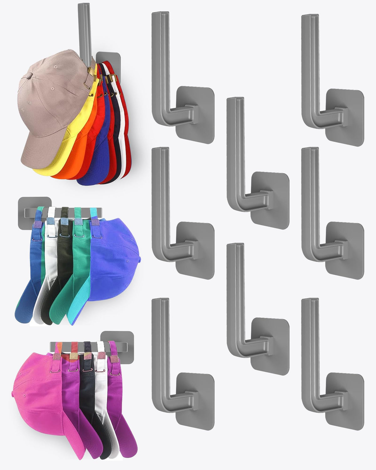 Hat Rack for Hat Storage (4-Pack), Multi-Purpose Hat Organizer, Strong Adhesive Hat Hooks for Wall Organizer for Baseball Caps, Two Mounting Options Hook, White