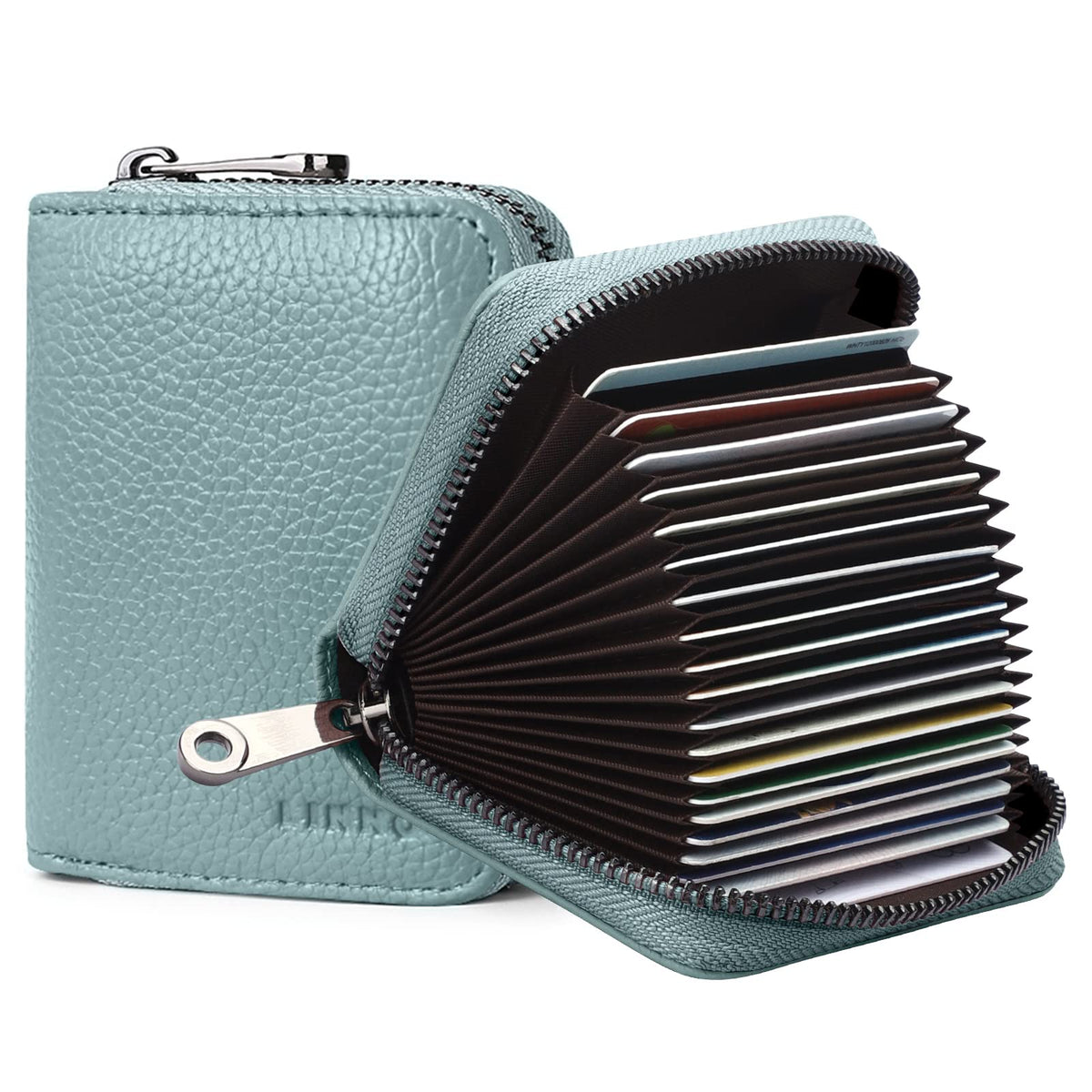 Linno RFID 20 Slots Credit Card Holder Genuine Leather Small Wallet for Women or Men with Zipper