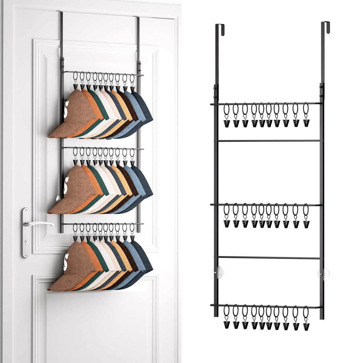 HapiRm Over Door Hat Rack - 3 Tier Wall Mounted Hat Organizer with 16 Hooks and 10 Movable Clips, Baseball Cap Organizer Storage Holds up to 26 Caps for Door, Bedroom, Closet USPTO Patented