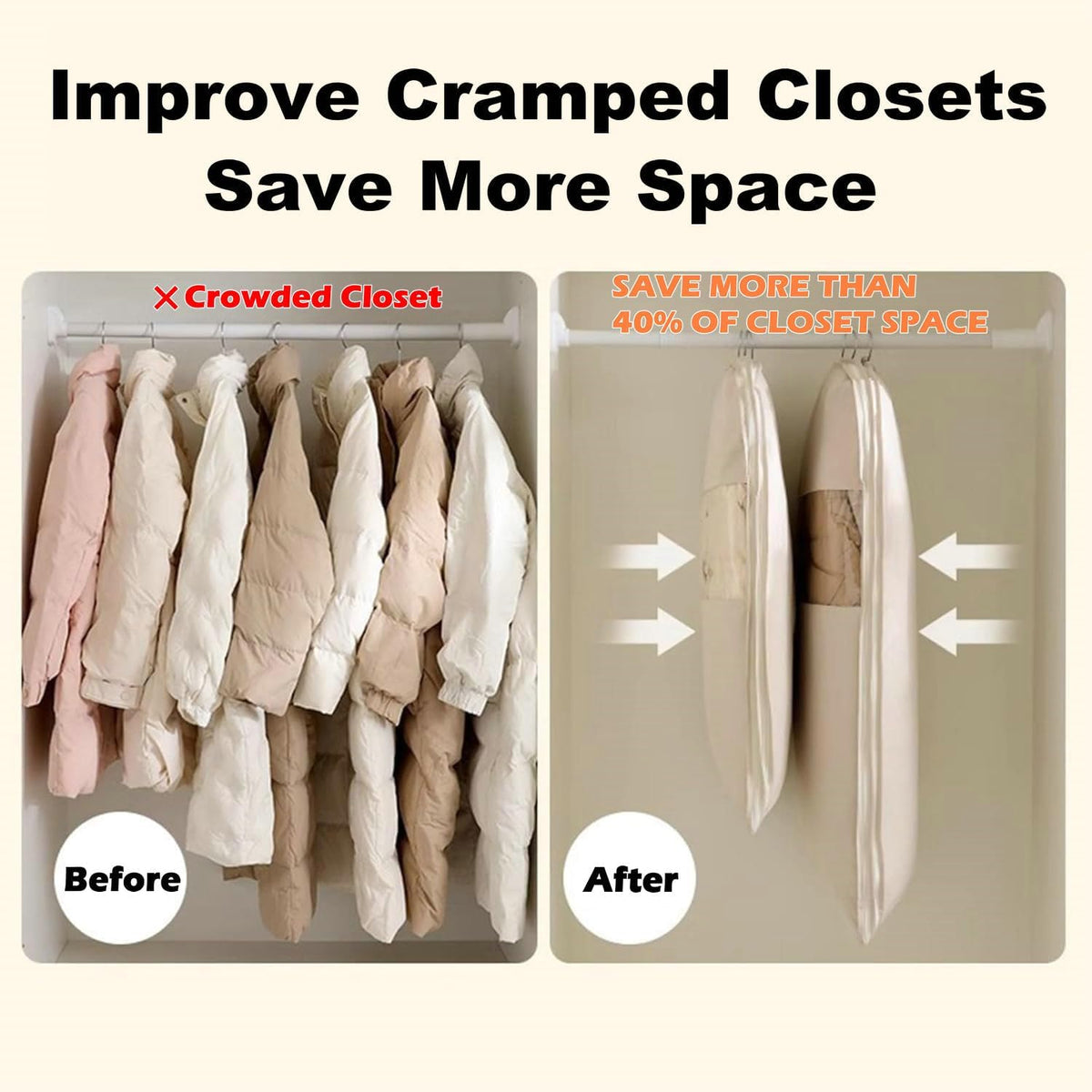 Space Saving Hanging Garment Bag with Self Compression Zipper, New Update Space Saver Clothes Storage Organizer, Dust Cover Clothes Bags for Down Coat Suit Dress or Jacket (Beige, L)