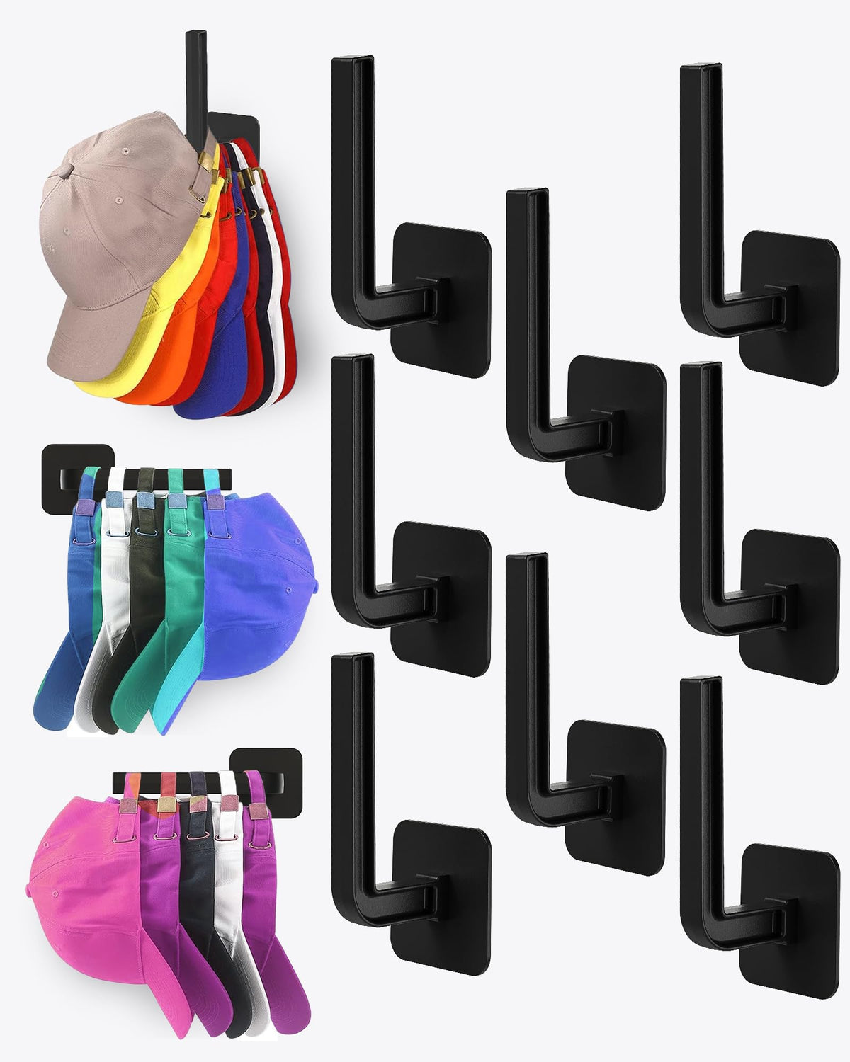 Hat Rack for Hat Storage (4-Pack), Multi-Purpose Hat Organizer, Strong Adhesive Hat Hooks for Wall Organizer for Baseball Caps, Two Mounting Options Hook, White
