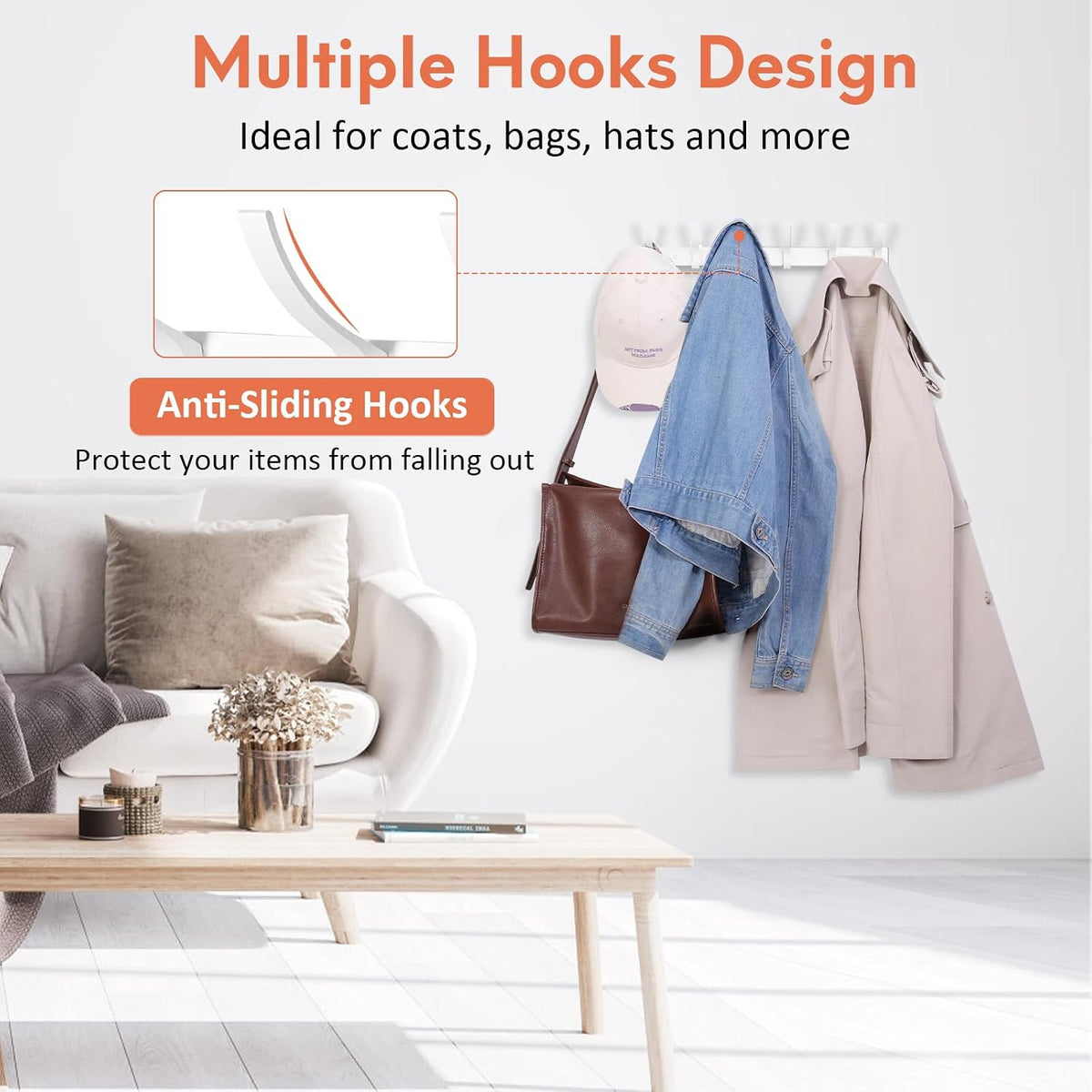 Optish Coat Rack Wall Mount, Coat Hook Wall Mount, Wall Hooks for Hanging, Hat Rack for Walls, Coats Hanger with 12 Hook, Towel Hooks for Bathrooms (2 Pack, White)