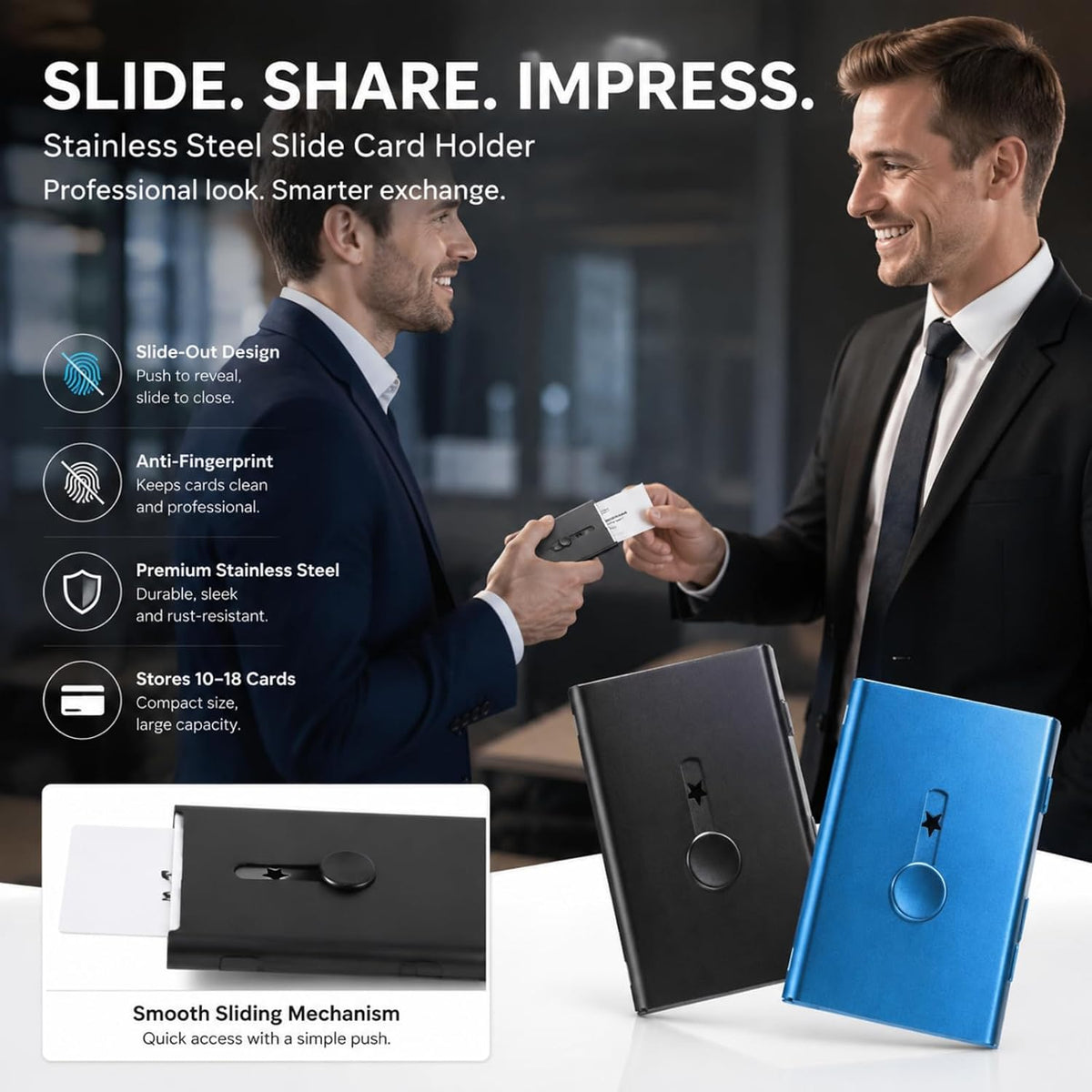 Tatuo 2 Pcs Black/blue Business Card Holder Thumb Drive Stainless Steel
