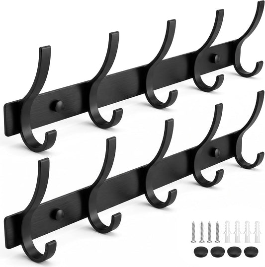 Coat Rack Wall Mounted,5 Coat Hooks for Hanging Coats,Heavy Duty Metal Double Hook Rack Hook Rail,Coat Rack with Hooks,Wall Mount Coat Hanger for Hat Towel Purse Robes (2 Pack Black, 5 Hooks)