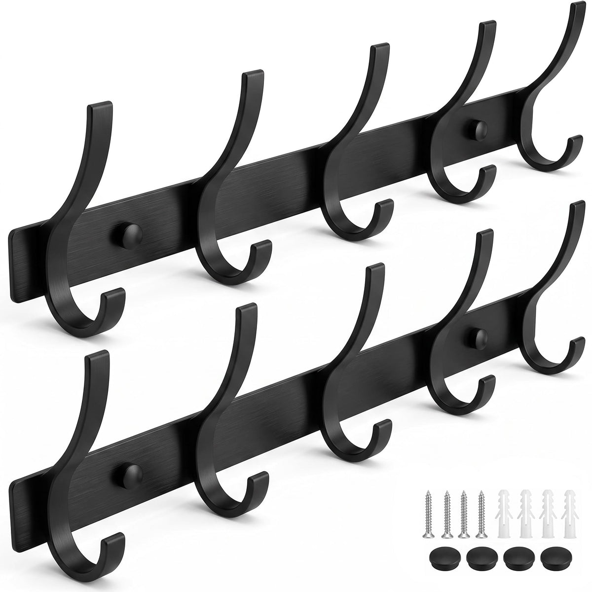 Coat Rack Wall Mounted,5 Coat Hooks for Hanging Coats,Heavy Duty Metal Double Hook Rack Hook Rail,Coat Rack with Hooks,Wall Mount Coat Hanger for Hat Towel Purse Robes (2 Pack Black, 5 Hooks)