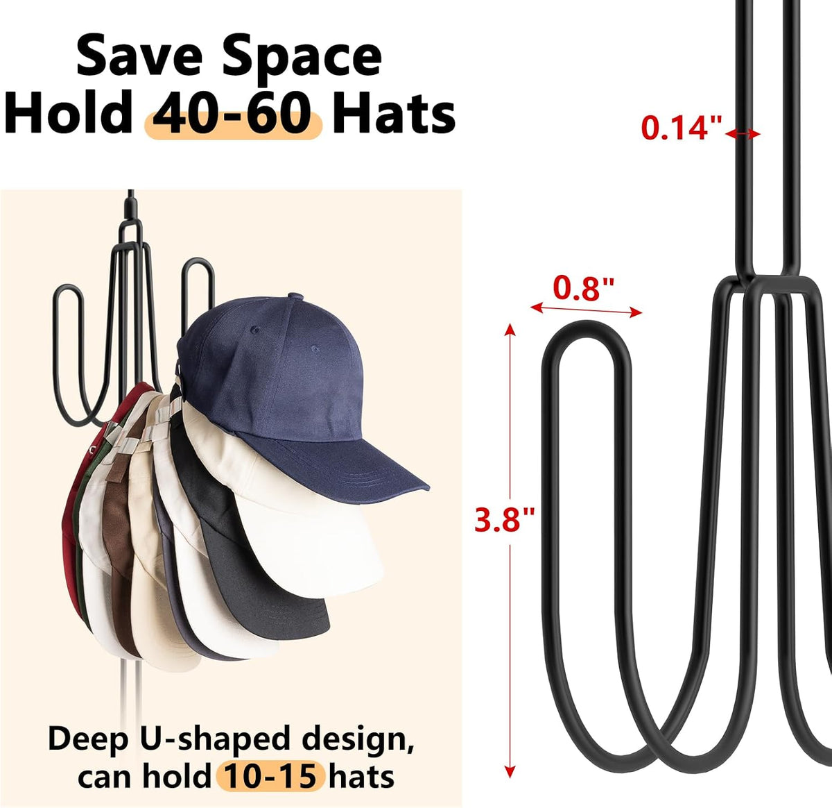 NANATI Hat Hangers for Closet, Stainless Steel Hat Organizer, Hat Racks for Baseball Caps, Cap Organizer for Baseball Caps, 1 Pack