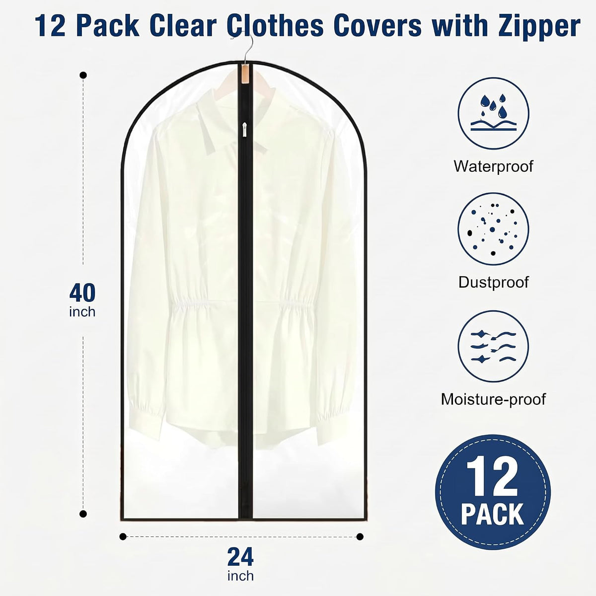 12 Pack Garment Bag with Zipper, 24 x 40inch Clear Garment Bags for Hanging Clothes, HKKZYT Durable PEVA Suit Storage Covers for Closet and Travel