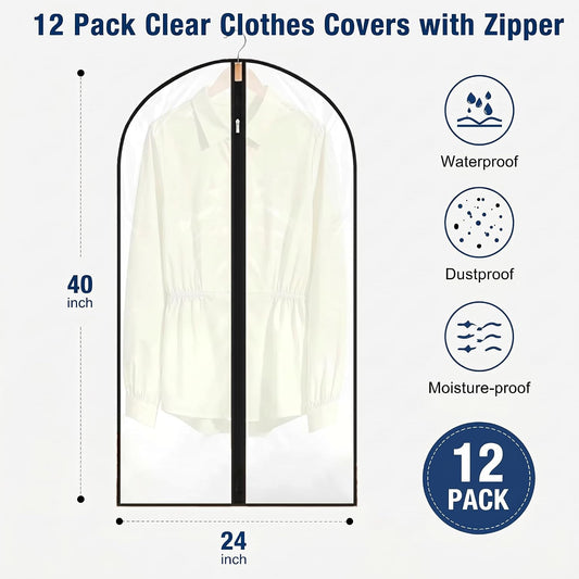 12 Pack Garment Bag with Zipper, 24 x 40inch Clear Garment Bags for Hanging Clothes, HKKZYT Durable PEVA Suit Storage Covers for Closet and Travel
