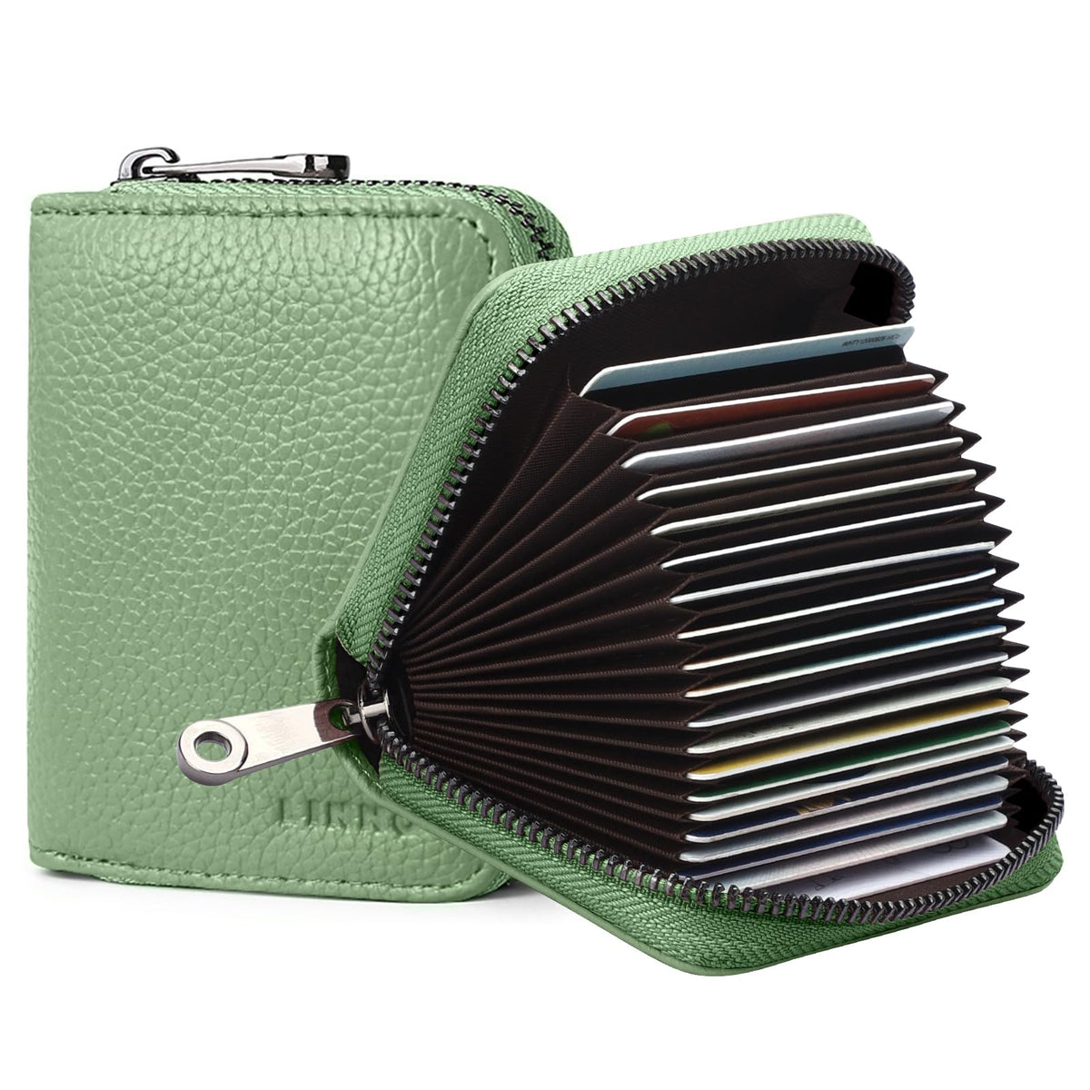 Linno RFID 20 Slots Credit Card Holder Genuine Leather Small Wallet for Women or Men with Zipper