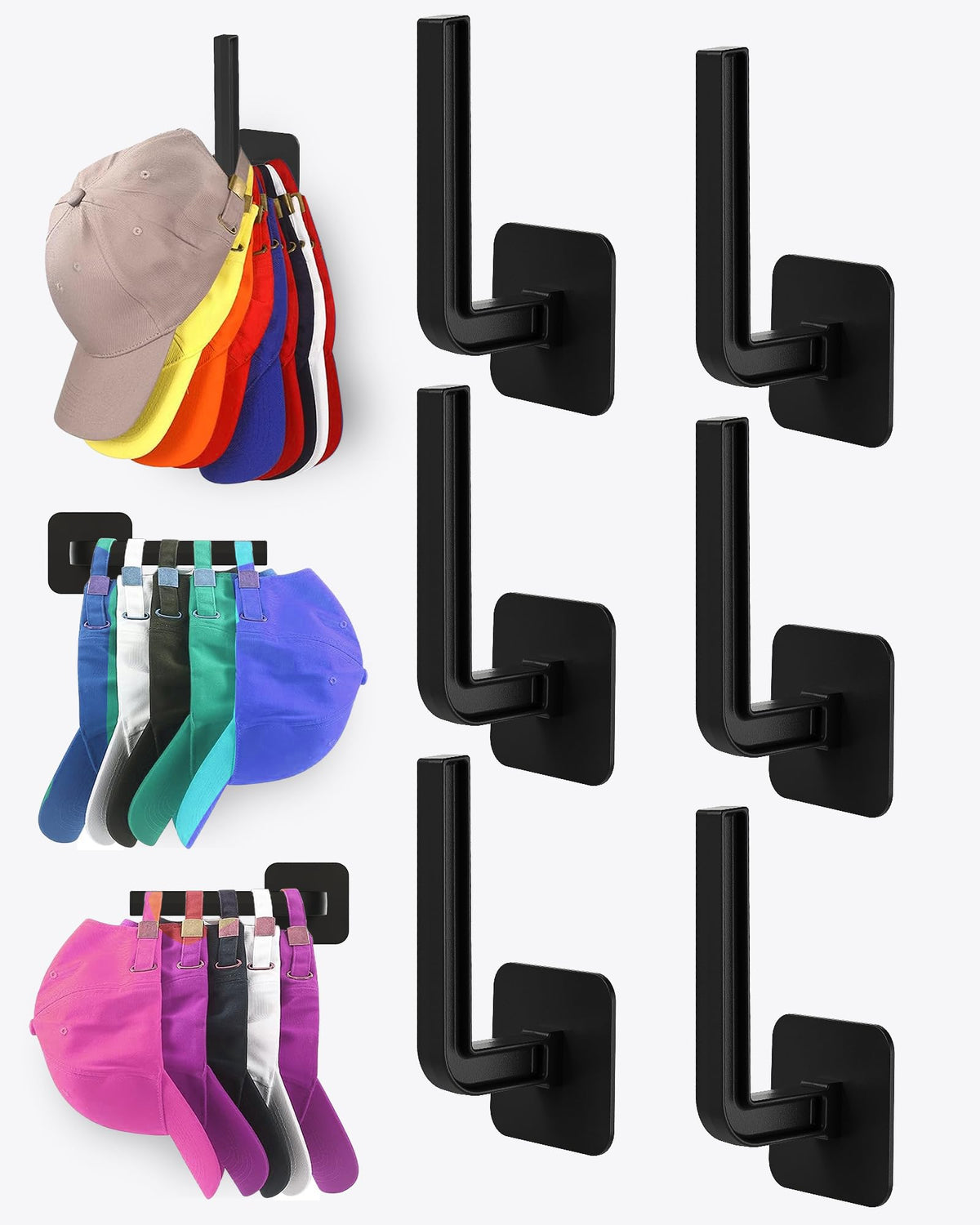 Hat Rack for Hat Storage (4-Pack), Multi-Purpose Hat Organizer, Strong Adhesive Hat Hooks for Wall Organizer for Baseball Caps, Two Mounting Options Hook, Black
