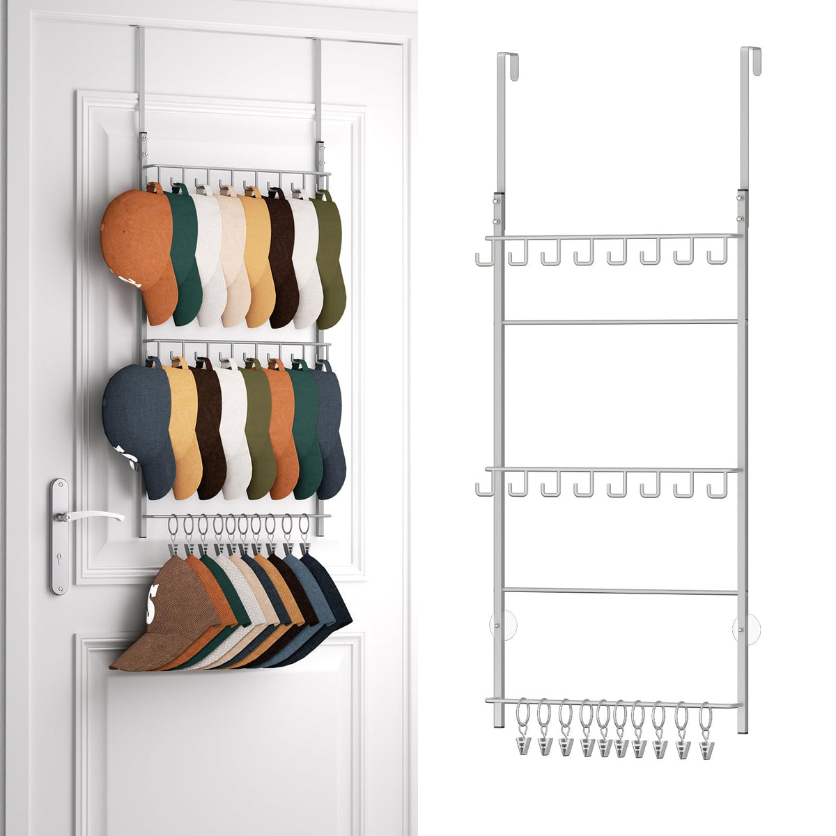 HapiRm Over Door Hat Rack - 3 Tier Wall Mounted Hat Organizer with 16 Hooks and 10 Movable Clips, Baseball Cap Organizer Storage Holds up to 26 Caps for Door, Bedroom, Closet USPTO Patented