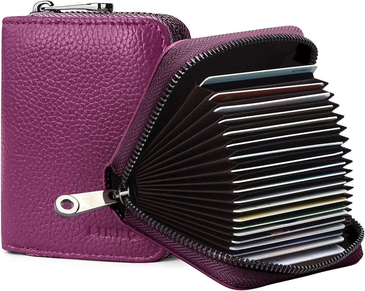 Linno RFID 20 Slots Credit Card Holder Genuine Leather Small Wallet for Women or Men with Zipper