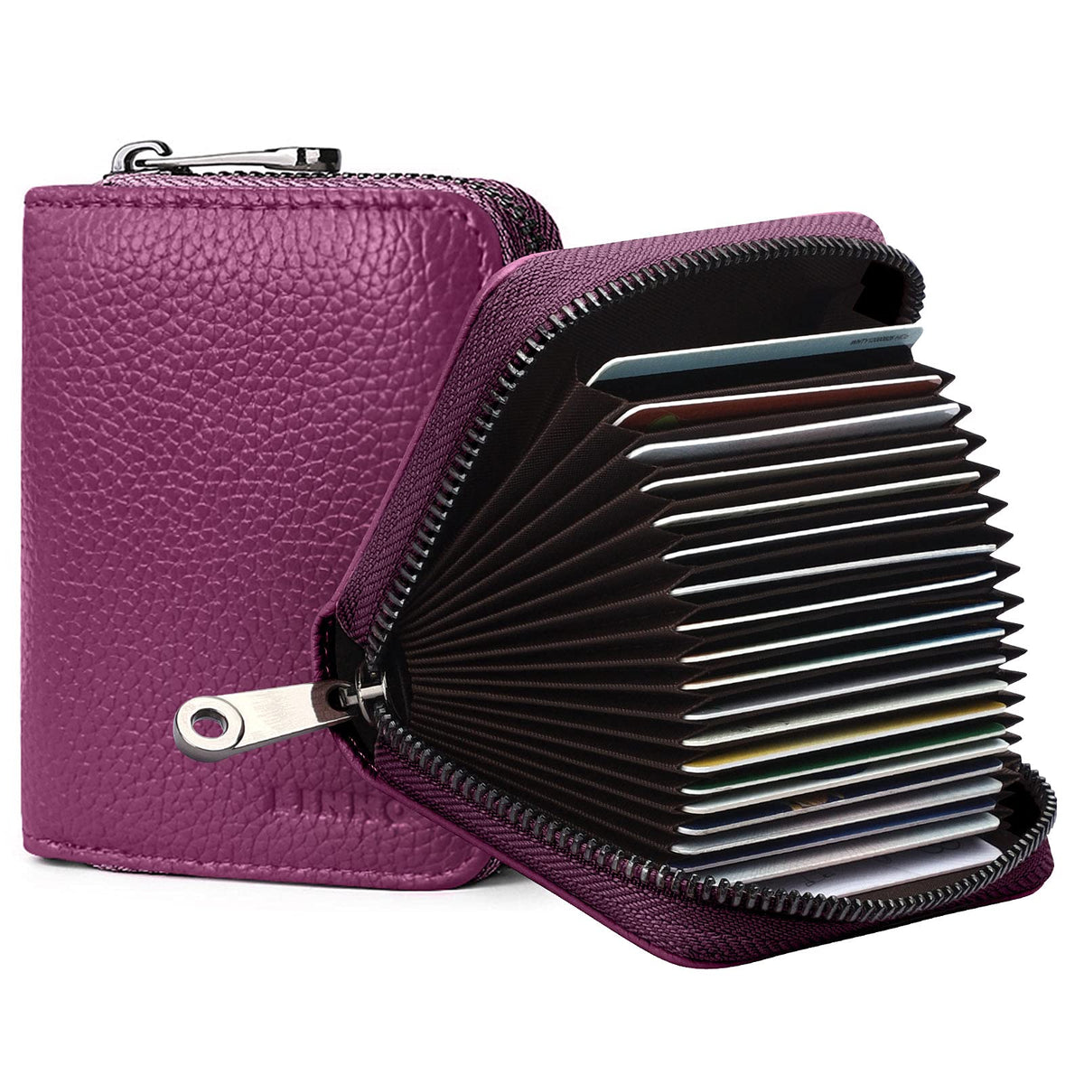 Linno RFID 20 Slots Credit Card Holder Genuine Leather Small Wallet for Women or Men with Zipper