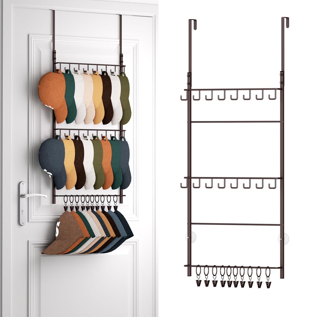 HapiRm Over Door Hat Rack - 3 Tier Wall Mounted Hat Organizer with 16 Hooks and 10 Movable Clips, Baseball Cap Organizer Storage Holds up to 26 Caps for Door, Bedroom, Closet USPTO Patented