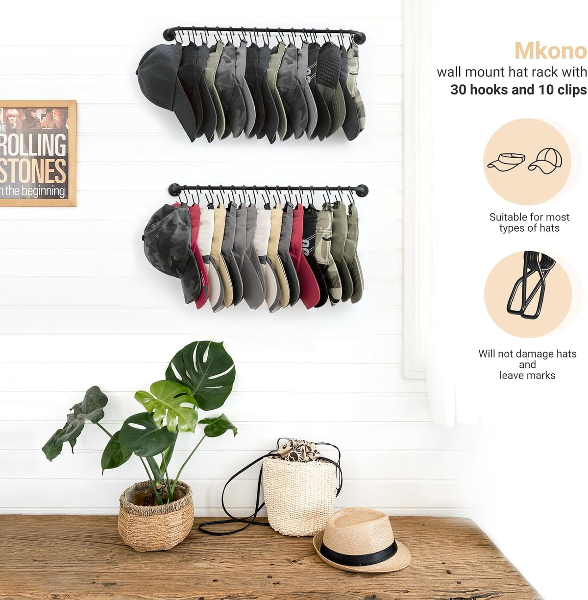 Mkono Hat Organizer Hat Rack for Wall Storage Holder with 30 Hooks Set of 2
