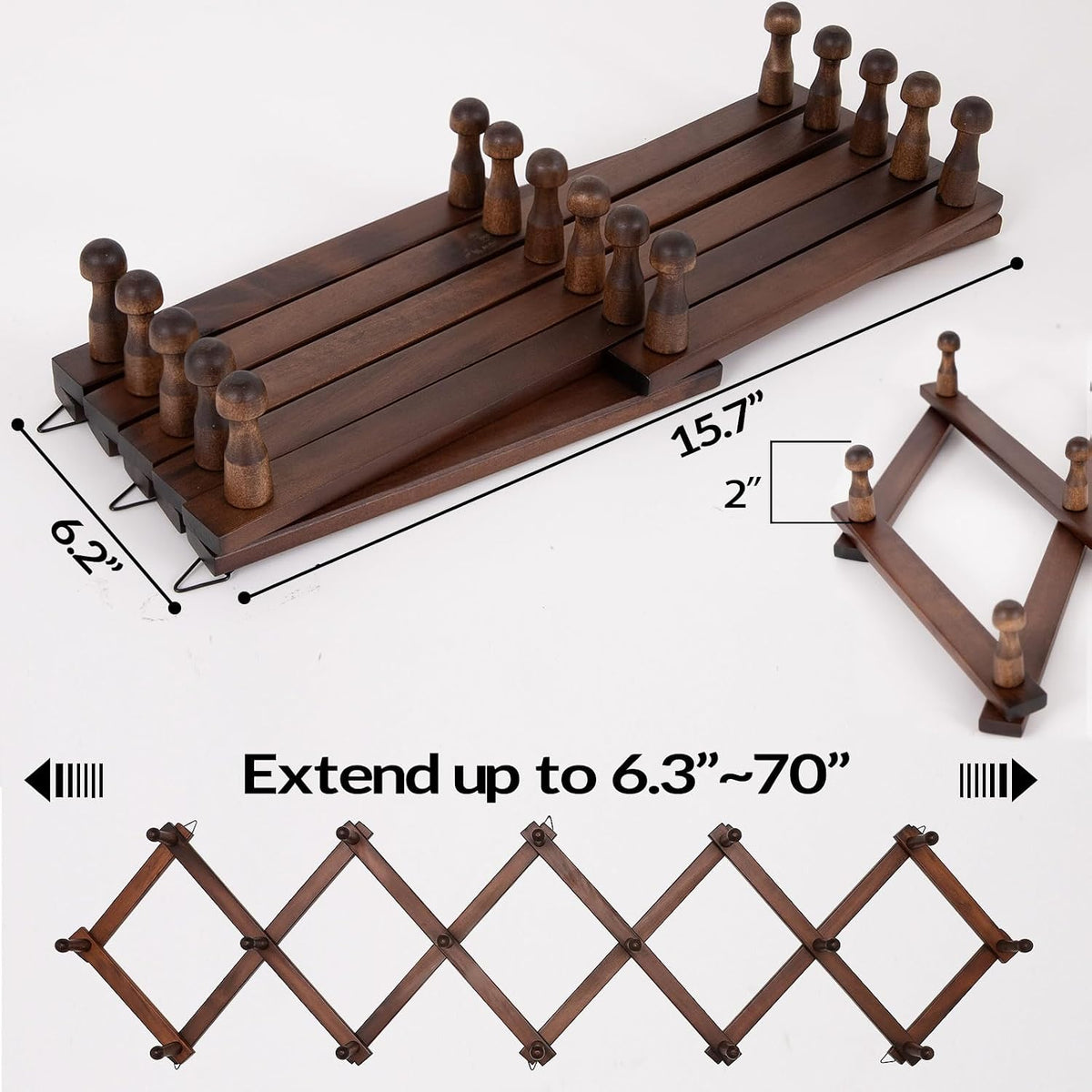 SCUNDA Hat Rack for Wall, Expandable Wall Hat Holder with 16 Hooks, 16 inch Wooden Wall Hook for Baseball Caps,Cowboy, Bag,Hoodie(Brown)