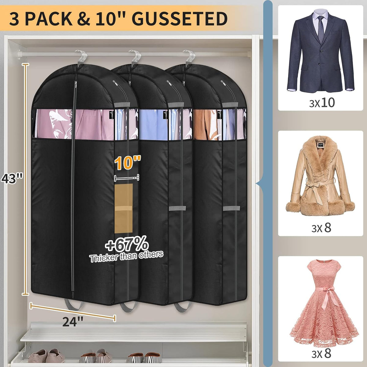 MISSLO 10" Gusseted Garment Bags for Hanging Clothes Compression 43" Suit Bags for Closet Storage Space Saver Clothes Bags for Travel Suit Cover Bags, 3 Packs