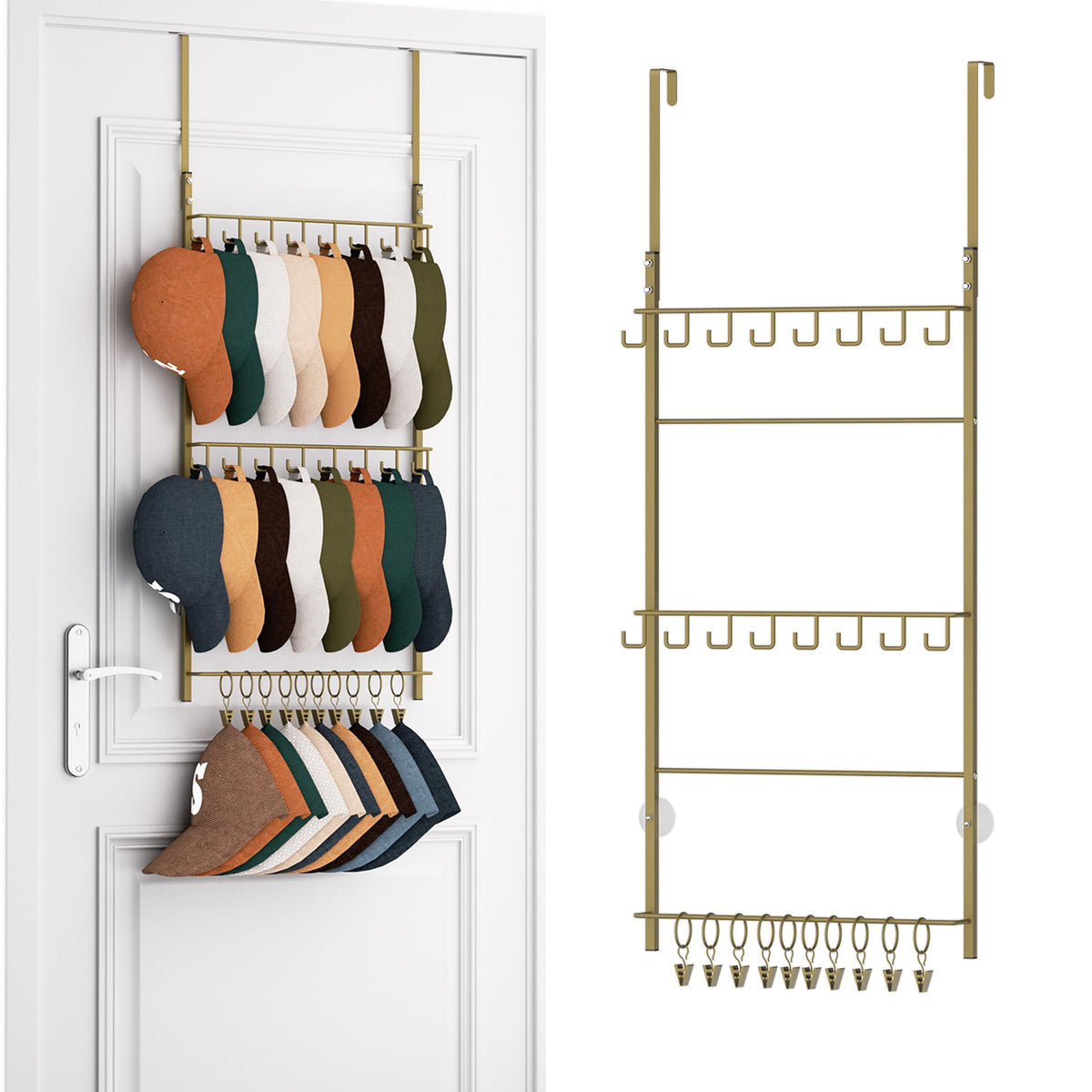 HapiRm Over Door Hat Rack - 3 Tier Wall Mounted Hat Organizer with 16 Hooks and 10 Movable Clips, Baseball Cap Organizer Storage Holds up to 26 Caps for Door, Bedroom, Closet USPTO Patented